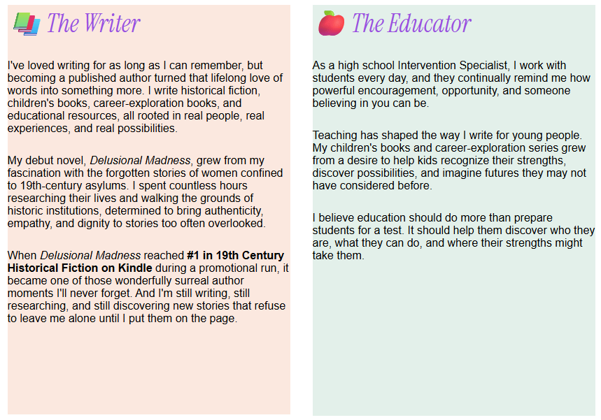 Kimberly K. Taylor as a writer and educator, sharing her work as an author and high school Intervention Specialist.